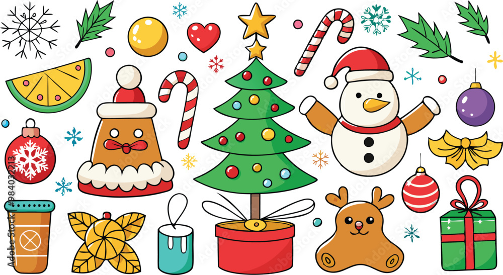 Christmas elements collection in hand drawn vector illustration, Print Christmas elements collection in hand drawn vector illustration, Print