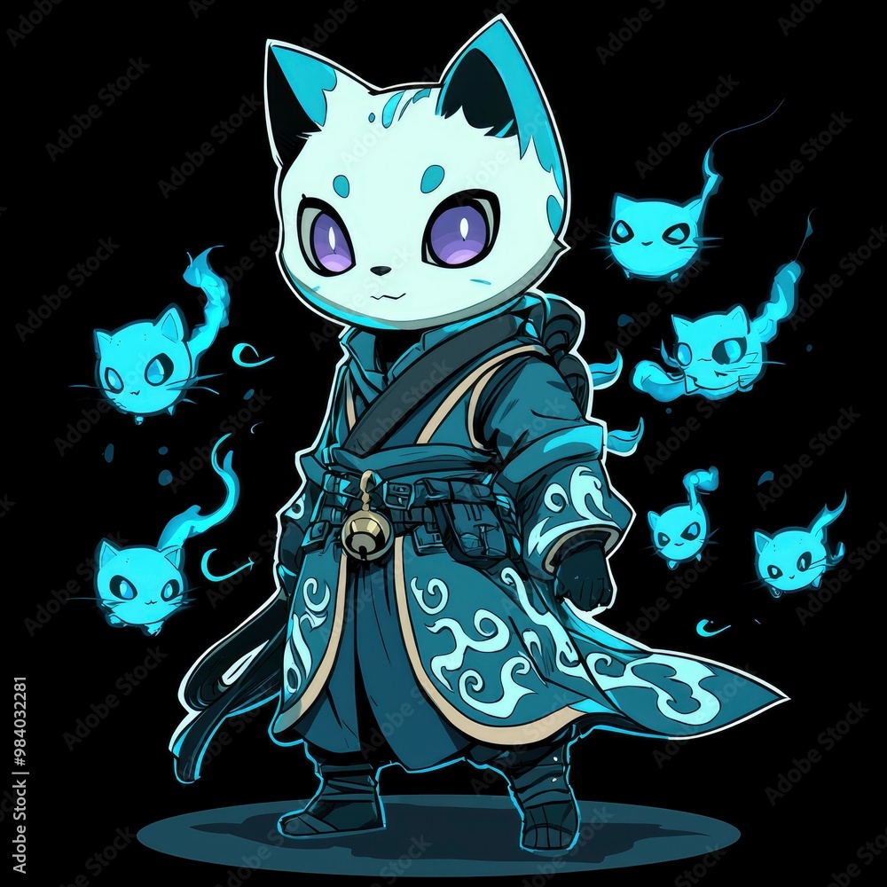 Fototapeta Cute Blue Cat Ninja with Ghostly Companions