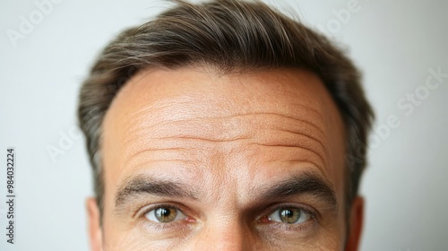 close-up portrait of a handsome middle-aged man with distinctive forehead wrinkles, isolated against a white background, ideal for men's health and beauty content, showcasing maturity and character