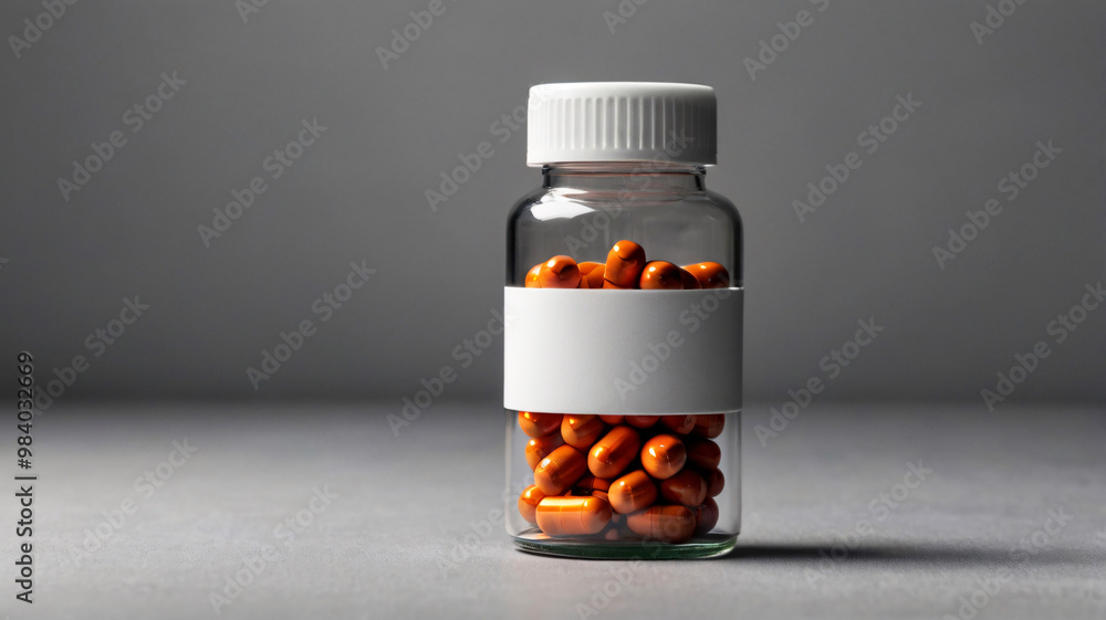 A labeled glass bottle with orange capsules inside set on a grey surface, showing a professional pharmacy presentation. A labeled glass bottle with orange capsules inside set on a grey surface, showing a professional pharmacy presentation.
