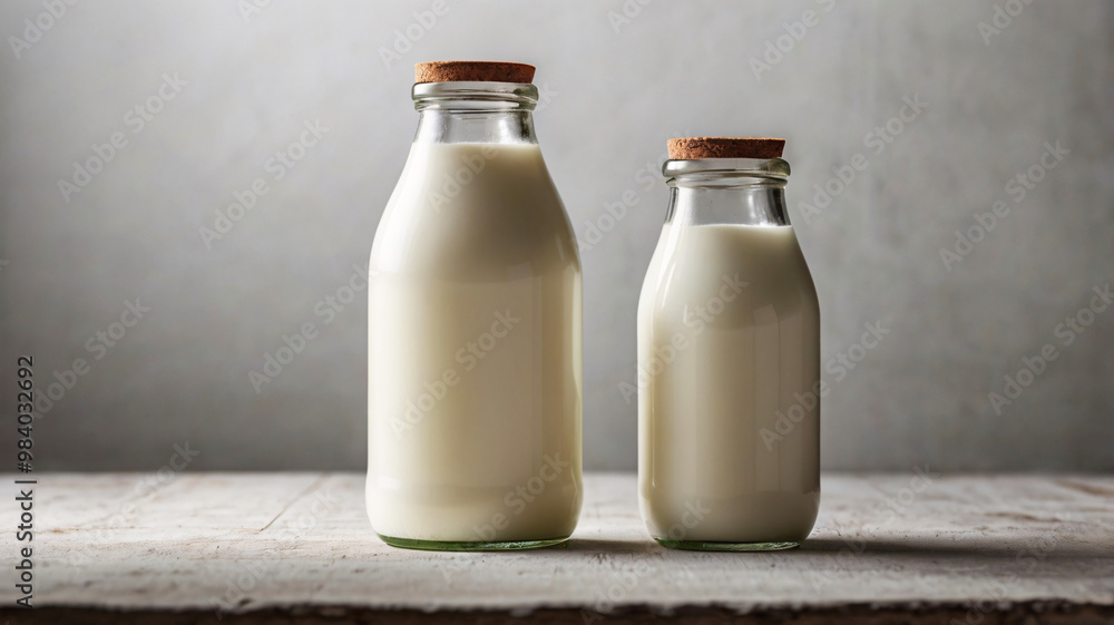 Portrait of two glass bottles of fresh milk with cork stoppers positioned on a rustic wooden surface with an earthy backdrop. Portrait of two glass bottles of fresh milk with cork stoppers positioned on a rustic wooden surface with an earthy backdrop.