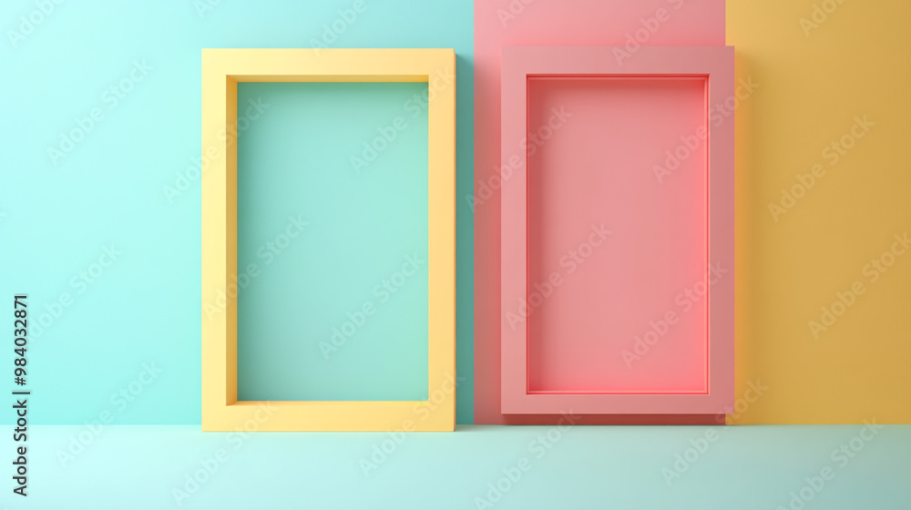 Colorful empty frames positioned against vibrant pastel backgrounds in a modern setting Colorful empty frames positioned against vibrant pastel backgrounds in a modern setting