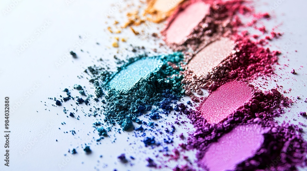 vibrant close-up of colorful eyeshadow powders on a white background, showcasing a stunning array of pink, blue, purple, green, and red hues in a high-resolution minimalist style vibrant close-up of colorful eyeshadow powders on a white background, showcasing a stunning array of pink, blue, purple, green, and red hues in a high-resolution minimalist style