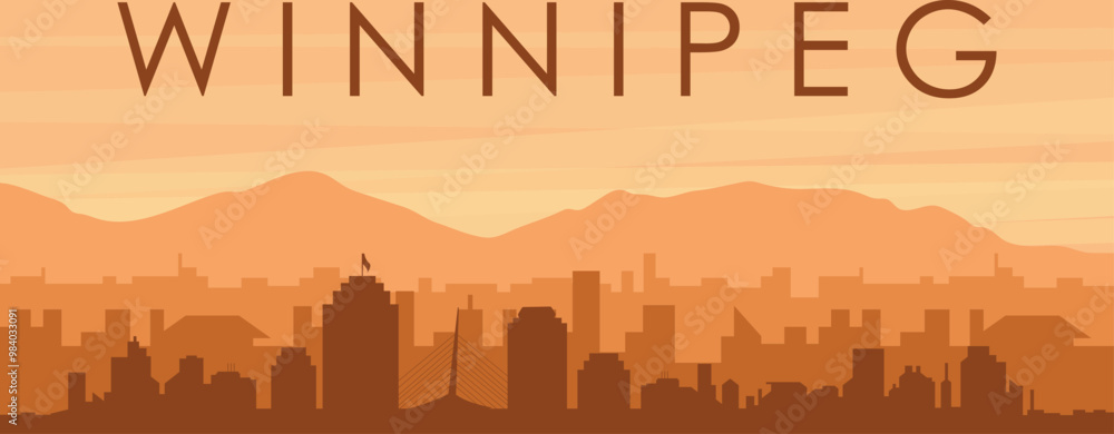 Brown panoramic poster of the city skyline with misty background buildings, sunrise, clouds and mountains of WINNIPEG, CANADA Brown panoramic poster of the city skyline with misty background buildings, sunrise, clouds and mountains of WINNIPEG, CANADA