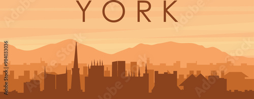 Brown panoramic poster of the city skyline with misty background buildings, sunrise, clouds and mountains of YORK, UNITED KINGDOM