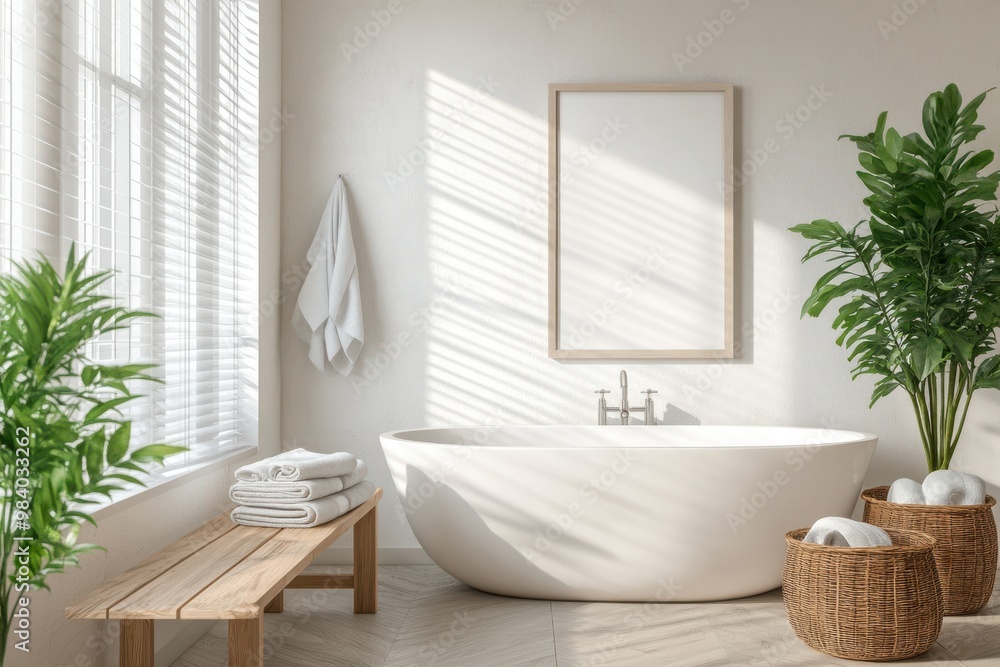 Fototapeta premium A bright, sunlit bathroom with a freestanding white bathtub and a wooden bench adorned