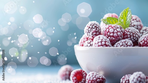 A bowl of frozen berries dusted with powdered sugar, showcasing the delicate beauty of winter fresh produce. photo