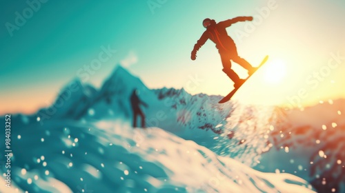 A snowboarder performing a daring aerial trick, defying gravity against a backdrop of snow capped mountains.