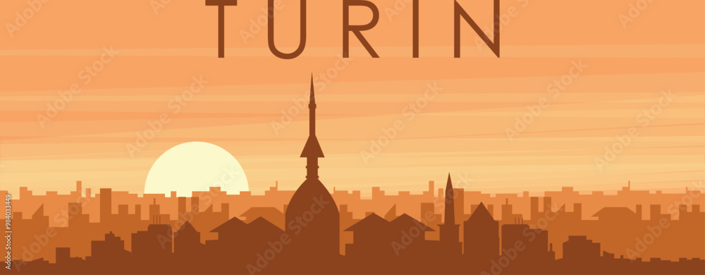 Brown panoramic poster of the city skyline with misty background buildings, sunrise, clouds and mountains of TURIN, ITALY Brown panoramic poster of the city skyline with misty background buildings, sunrise, clouds and mountains of TURIN, ITALY
