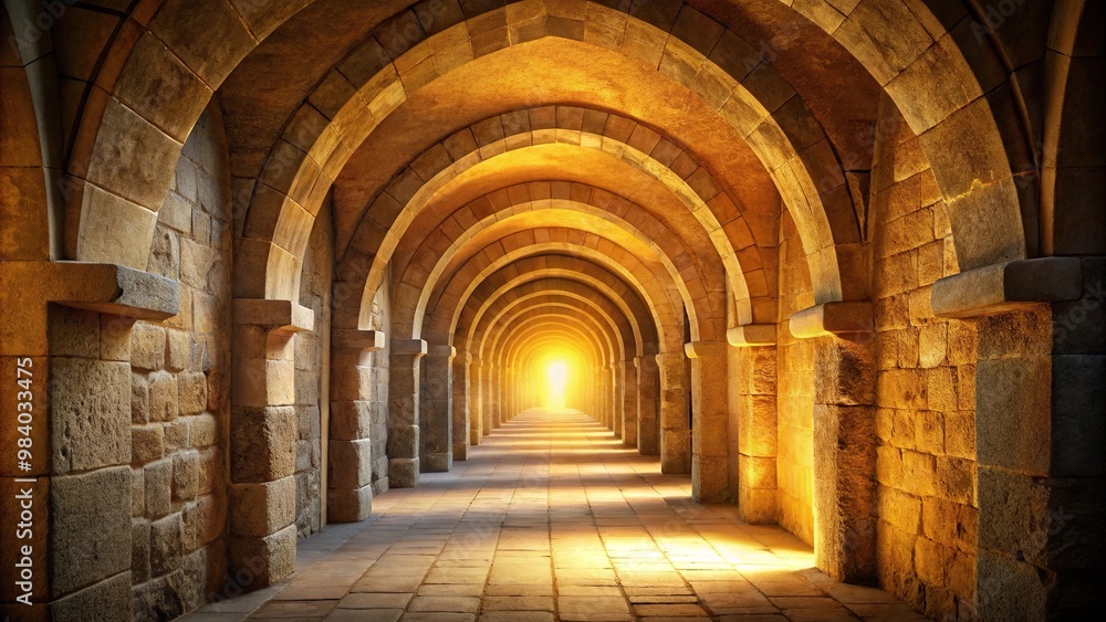Ancient stone corridor with arched doorways illuminated by warm golden light with depth of field Ancient stone corridor with arched doorways illuminated by warm golden light with depth of field