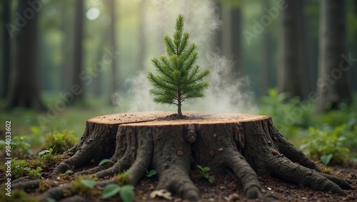 Symbol of resilience small pine sapling growing from split tree stump mist swirling