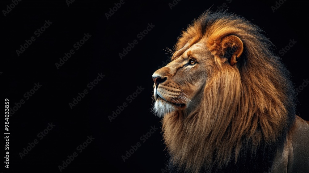 Fototapeta premium Lion with a majestic mane standing in profile against a black background, eyes glowing and posture exuding power and regality