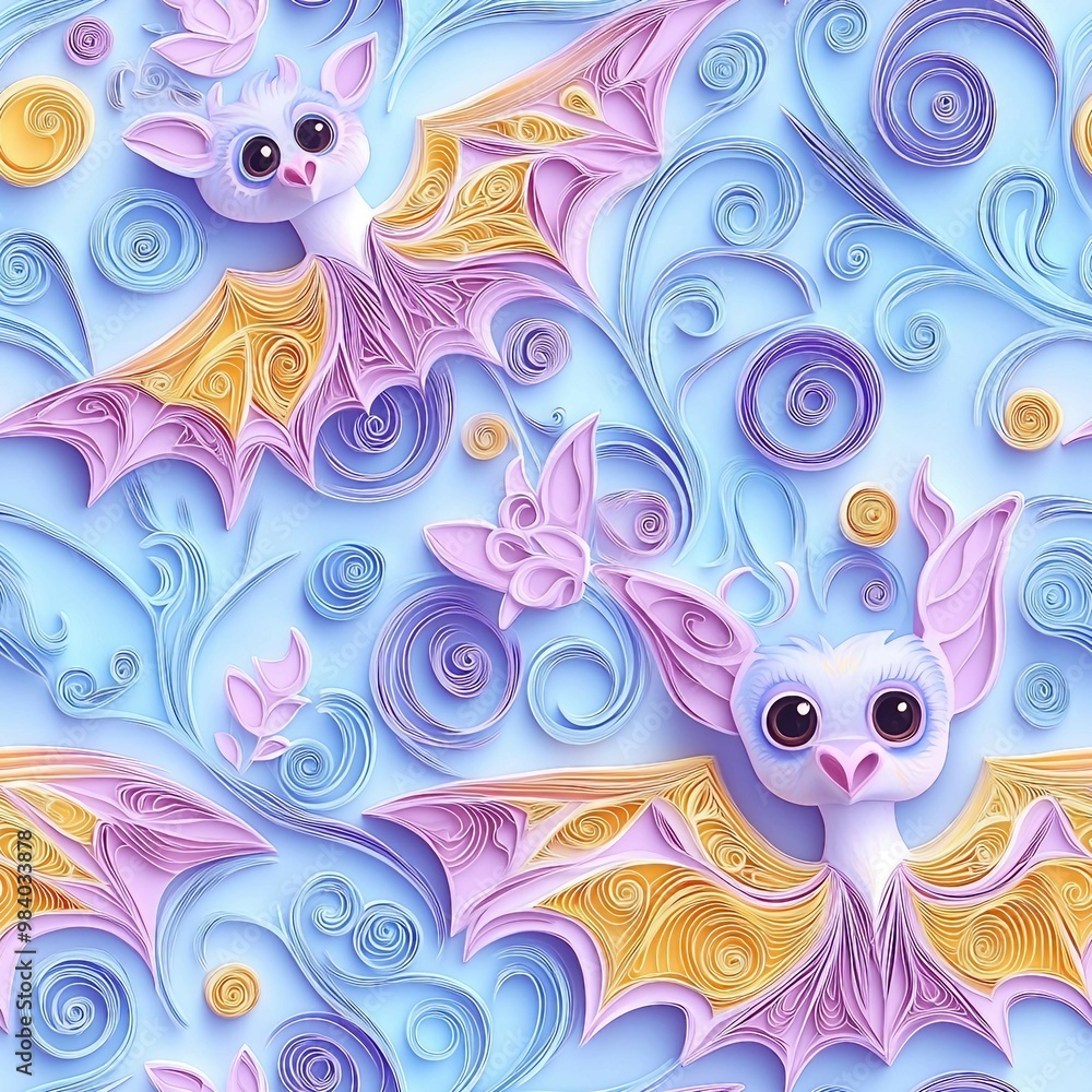 Fototapeta premium seamless pattern of 3D bat animal , paper quill patterns. 