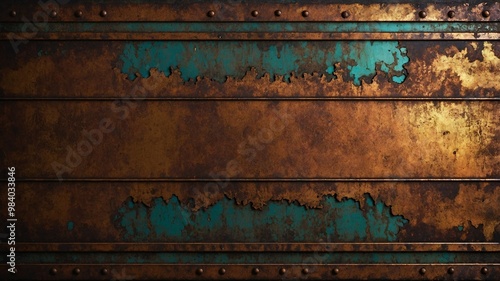 Industrial teal panel featuring horizontal rust stripes, merging aged aesthetics and gritty modern design. photo