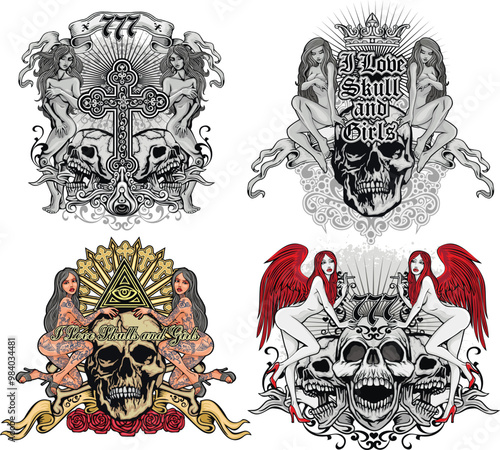 set, gothic sign with skull and sexy tattooed girls, grunge vintage design t shirts	
