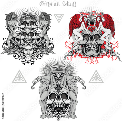 set, gothic sign with skull and 
sexy tattooed girls, grunge vintage design t shirts
