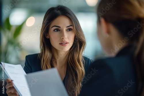 A businesswoman in a meeting, handing over documents to a colleague while engaged