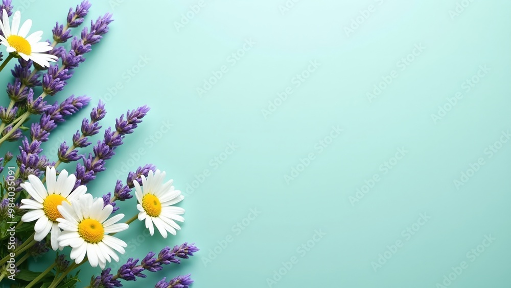 Naklejka premium Tranquil daisy and lavender banner on teal backdrop