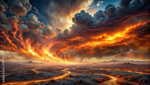 Apocalyptic sky with swirling flames above barren landscape, Armageddon vision photo