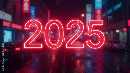 sign with glowing neon text in the center "2025" below it on a blurred digital background