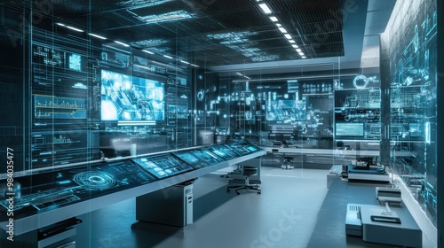 Futuristic Control Room with Advanced Technology and Data Visualization