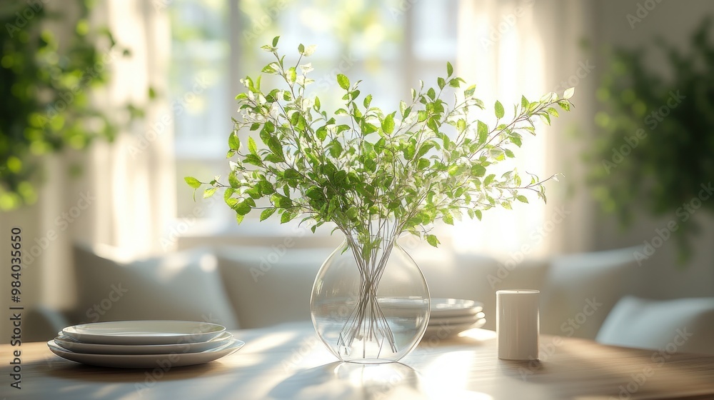 A vase of greenery on a table with plates in a bright setting. A vase of greenery on a table with plates in a bright setting.