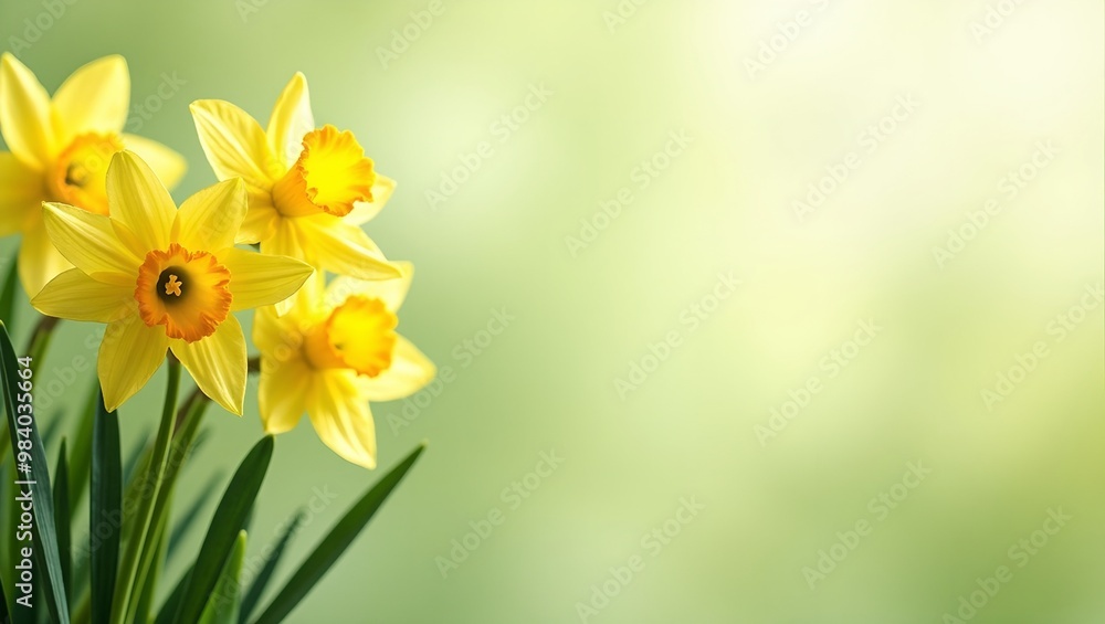 Obraz premium Vibrant daffodils on soft green background perfect for spring greetings