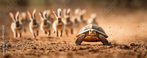 Turtle leading a pack of rabbits in a dusty race, highlighting speed and perseverance, with the turtle in focus and the rabbits in a blurred, frantic chase photo