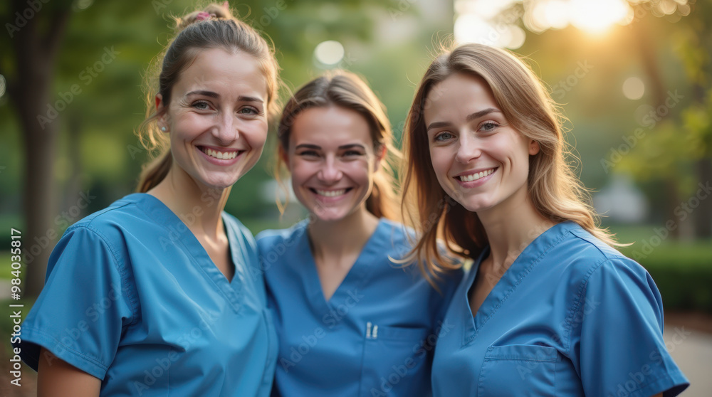 Obraz premium Smiling Medical Professionals in Scrubs Posing in Hospital and Outdoor Settings – Group and Individual Healthcare Workers Photo
