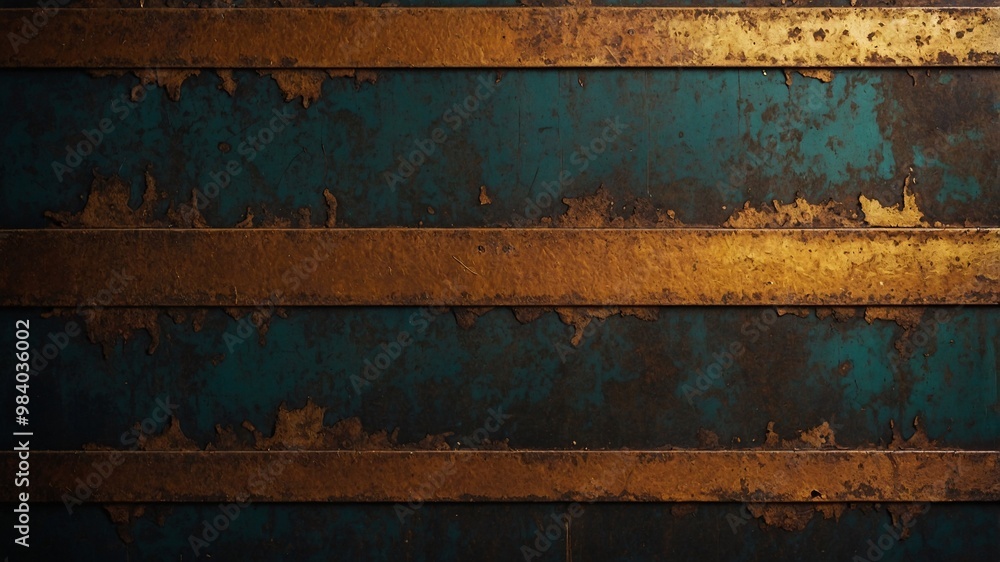 Fototapeta premium A blue metal surface adorned with horizontal golden stripes and a heavily worn, distressed appearance showing rust.