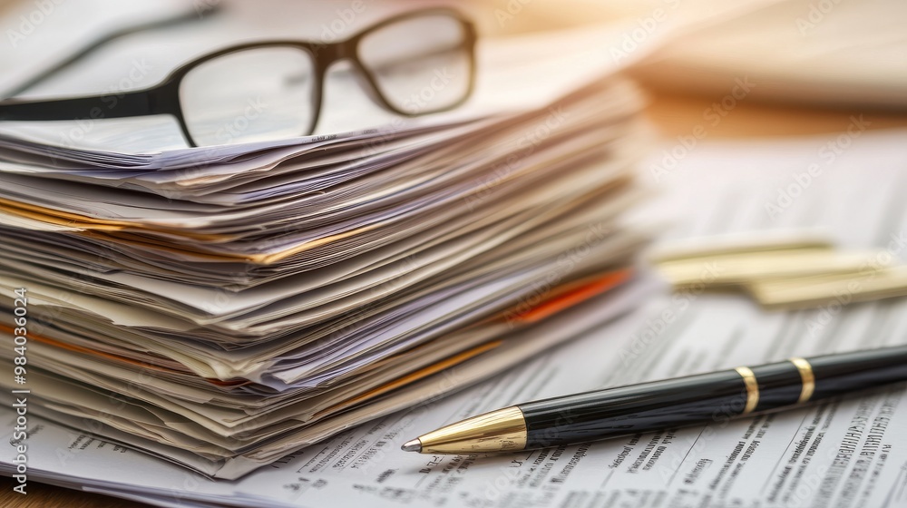 Professional Law Office Setting: Paperwork, Pen, and Glasses on Classic Desk Professional Law Office Setting: Paperwork, Pen, and Glasses on Classic Desk