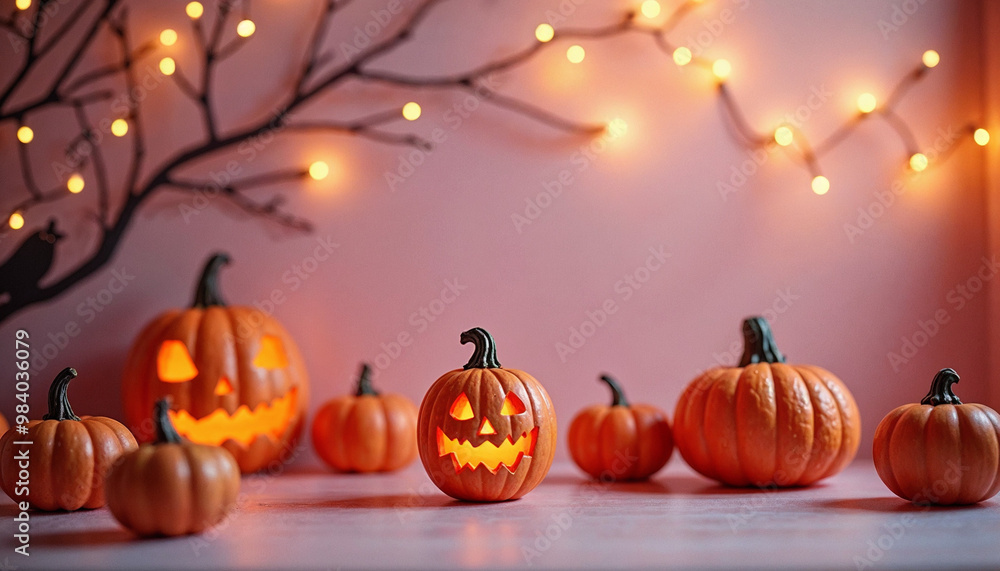 A group of carved jack-o'-lanterns with glowing faces, surrounded by string lights against a blurred background A group of carved jack-o'-lanterns with glowing faces, surrounded by string lights against a blurred background