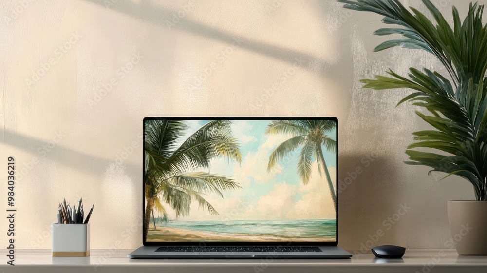Fototapeta premium A laptop is on a desk with a potted plant next to it. The laptop screen shows a beach scene with palm trees and a cloudy sky. The scene gives off a relaxed and peaceful vibe