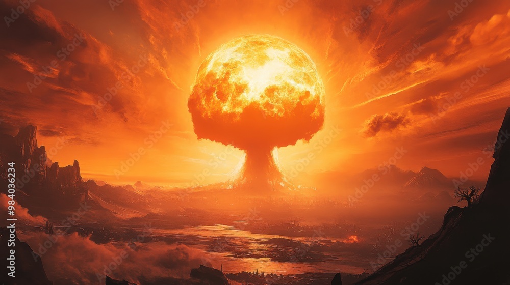 Fototapeta premium A large orange mushroom shaped object is in the center of a very orange sky. The sky is filled with clouds and the sun is setting. The scene is very dramatic and intense