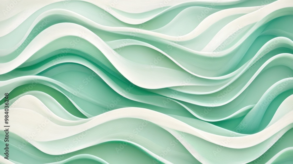The image is a green and white wave pattern. The waves are very long and seem to be made of paper. The image has a calming and serene mood, as if it were a peaceful ocean scene The image is a green and white wave pattern. The waves are very long and seem to be made of paper. The image has a calming and serene mood, as if it were a peaceful ocean scene