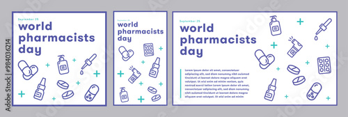World Pharmacist Day greeting card with medical icon vector design template set. Hospital, Care, Health color. September 25