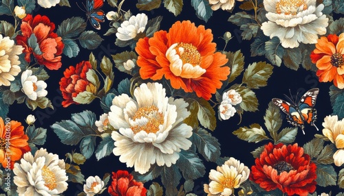 A floral pattern with a butterfly on it. The flowers are red and white. The butterfly is orange
