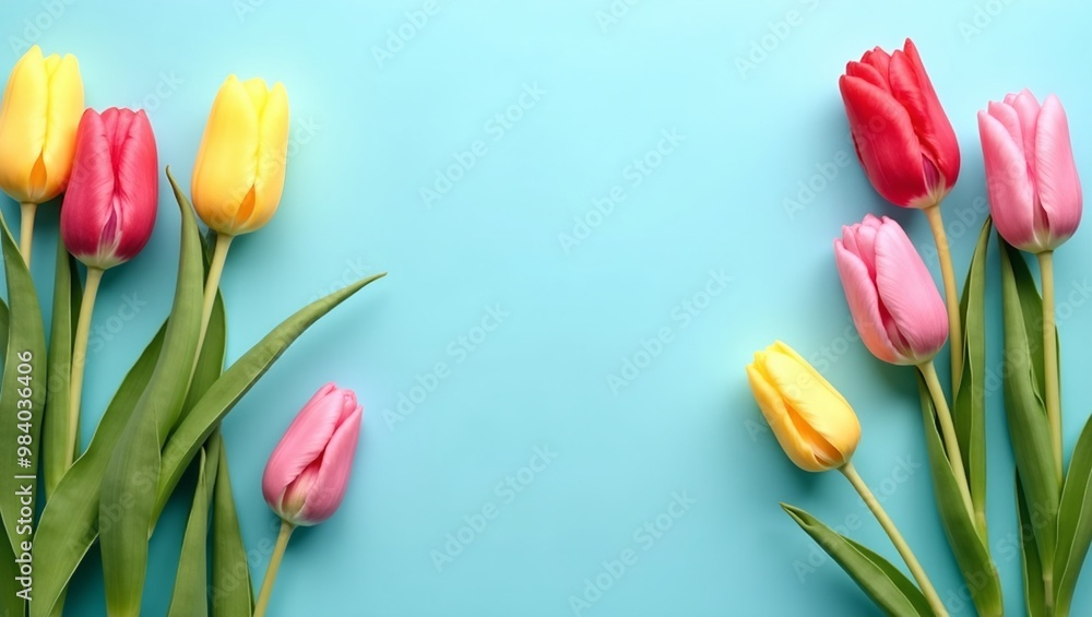 Vibrant tulip banner on sky blue backdrop Perfect for spring celebrations Vibrant tulip banner on sky blue backdrop Perfect for spring celebrations