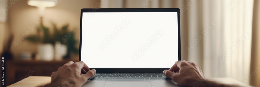 A person is typing on a laptop with a blank screen. Concept of productivity and focus, as the person is working on a task or project. The laptop is a common tool for work and communication. Mockup A person is typing on a laptop with a blank screen. Concept of productivity and focus, as the person is working on a task or project. The laptop is a common tool for work and communication. Mockup