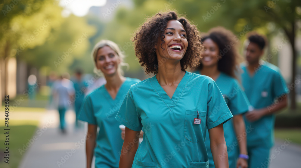 Smiling Medical Professionals in Scrubs Posing in Hospital and Outdoor Settings – Group and Individual Healthcare Workers Photo