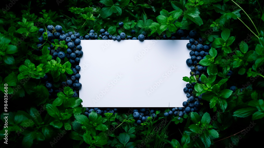 White card mockup surrounded by blueberries dense green foliage. Botanical bilberries. Natural-themed design template advertising image. Organic branding mock up product photorealistic White card mockup surrounded by blueberries dense green foliage. Botanical bilberries. Natural-themed design template advertising image. Organic branding mock up product photorealistic