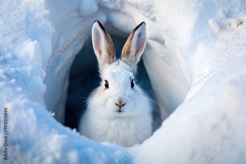 Arctic hare hiding in crevasse in snow near Arviat Nunavut photo