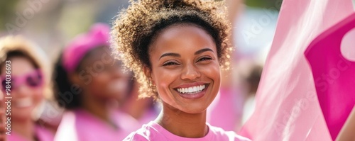 Breast cancer awareness rally with community members in pink shirts, raising banners, copy space