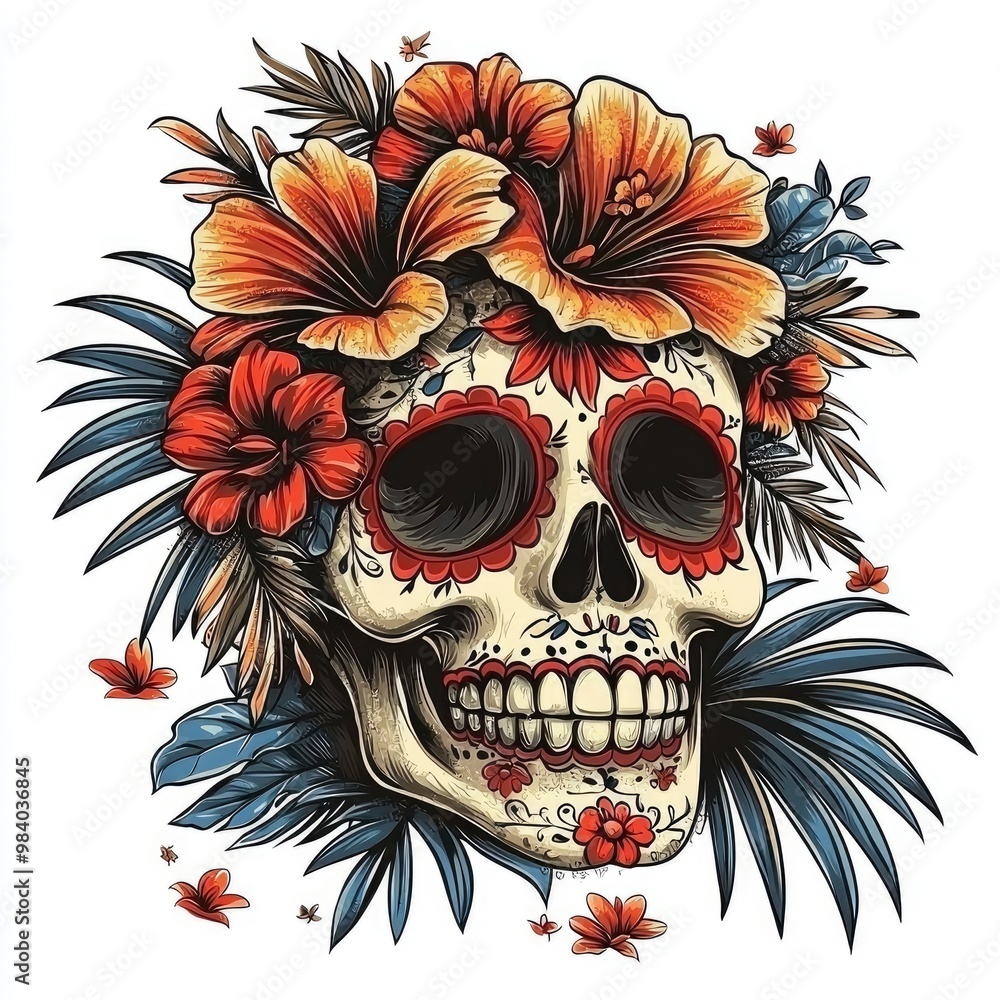 Naklejka premium Sugar Skull with Flowers and Tropical Leaves