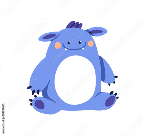 Cute plush stuffed toy, funny happy monster. Soft cuddly animal, kids kawaii adorable creature for nursery, kindergarten play. Childish flat vector illustration isolated on white background