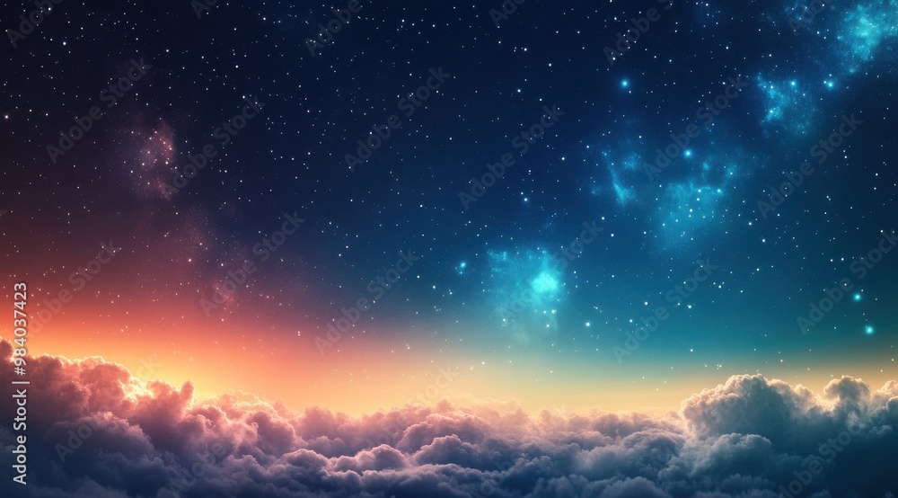 A beautiful night sky with a few clouds and stars. The sky is a mix of blue and orange colors A beautiful night sky with a few clouds and stars. The sky is a mix of blue and orange colors