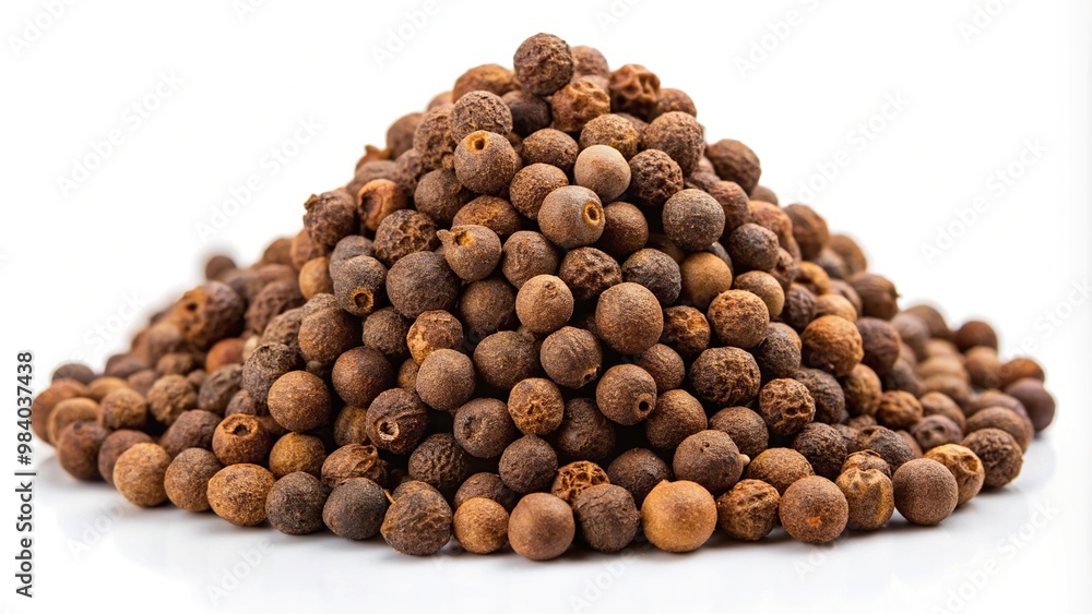 Aromatic allspice pile isolated on white background, with wide-angle view Aromatic allspice pile isolated on white background, with wide-angle view
