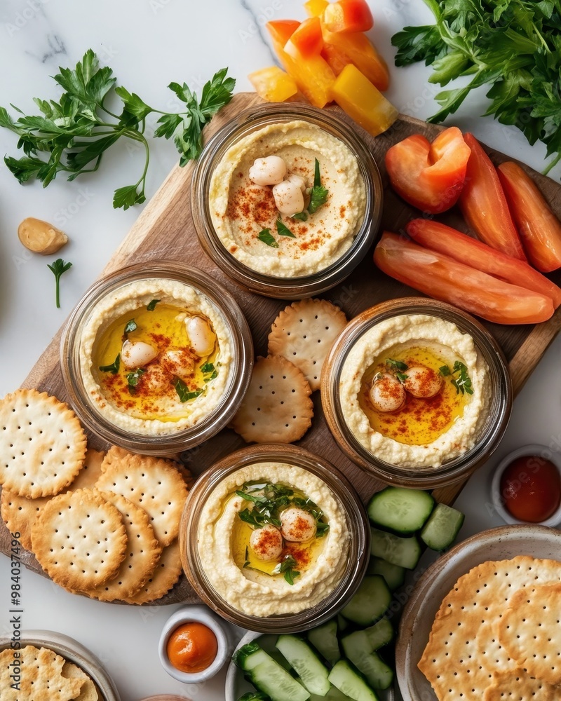 A vibrant spread of hummus, crackers, and fresh vegetables for a healthy snack or appetizer. A vibrant spread of hummus, crackers, and fresh vegetables for a healthy snack or appetizer.