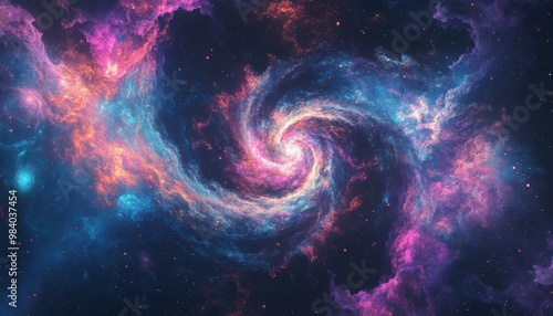 A spiral galaxy with a blue and purple swirl. The galaxy is filled with stars and is surrounded by a dark background. The colors of the galaxy are vibrant. The galaxy appears to be in motion