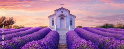 A quaint off-white painted chapel in a lavender field, with rows of purple blooms leading up to its steps under a pastel sunset photo